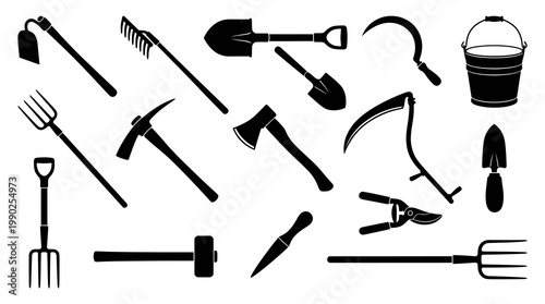 Farming and Gardening Tools Silhouettes Icon Set in Black and White Style
