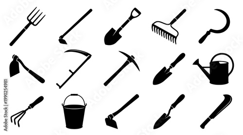 Agricultural Gardening Farm Hand Tools Icon Set Black  White Silhouettes