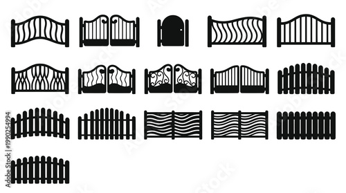 Architectural Home Garden Gates and Fences Silhouette Vector Icon Set
