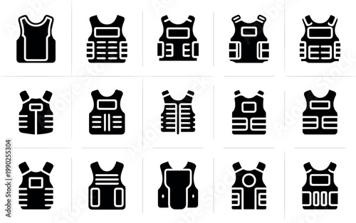 A large collection of fifteen diverse black silhouette icons depicting various designs of bulletproof vests or body armor, showcasing different styles and features.