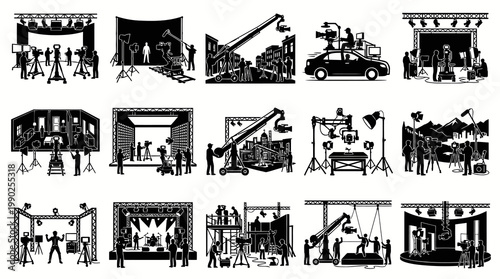 Film and Video Production Crew, Cameras, and Equipment Black  White Glyph Icons Set