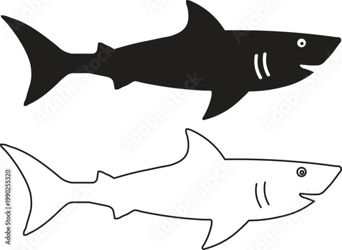 Shark vector silhouettes and line art icons, black and white predatory fish illustrations, minimalist marine animal graphics for logo design
