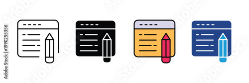 Web browser and pencil icon set. digital content editing, blog writing symbol. interface and creative design symbols for online copywriting. vector illustration