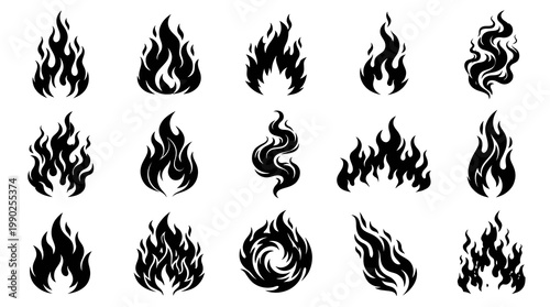 Abstract Fire Flames Icons Set. Black  White Glyph Vector Silhouettes for Graphic Design.