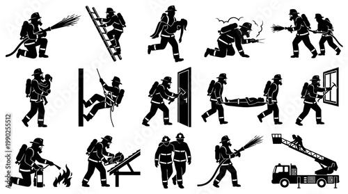Firefighting and Rescue Services Glyph Icons Set. Emergency Actions Silhouette Collection.