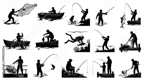 Fishing Silhouettes: Diverse Fishermen and Angling Activities Black  White Vector Icons