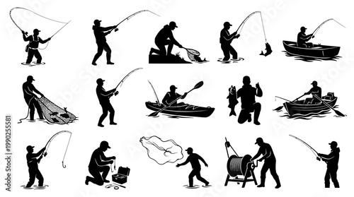 Fishermen Fishing Activities Silhouette Icons Set - Rods, Nets, Boats, Fish Vector Collection