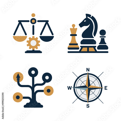 Photography Symbols of balance, strategy, decision making, and navigation depicted in styliz