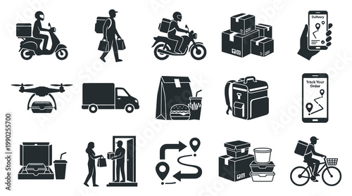 Delivery Icons: Food, Package, Drone, Bike, Truck, Mobile Tracking