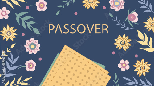 Passover celebration concept with traditional matzah and floral pattern on blue background
