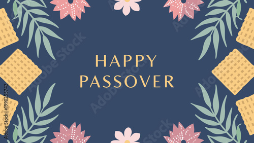Happy passover greeting card concept with matzah and flowers on blue background for jewish holiday celebration