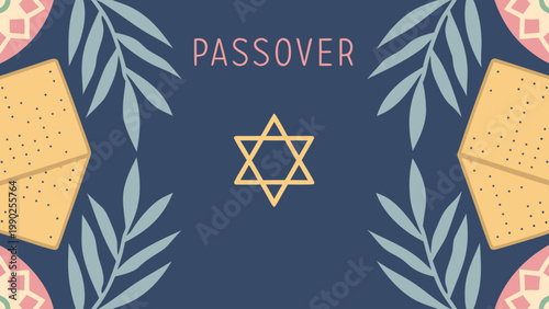 Vector passover design with matzah star of david and leaves on blue background for jewish holiday