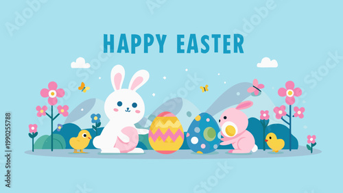 Easter bunnies and chicks with decorated eggs in a spring landscape with flowers and mountains