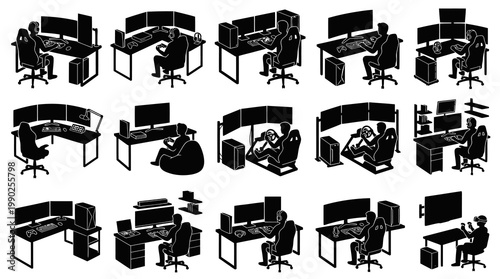 Gaming  Esports PC Setups Vector Silhouette Icons. Gamers with Multi-monitor Desks.