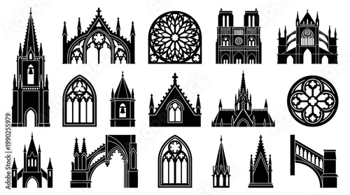 Gothic Architecture Icons Set: Cathedral Silhouettes, Church Elements, Vector Glyphs