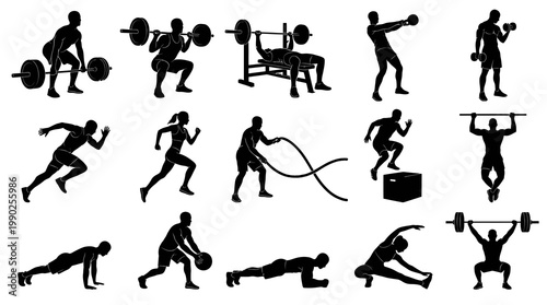 Fitness Workout Exercises People Silhouettes Vector Icons Set