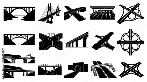 Black and White Vector Icons of Bridges and Highway Interchanges