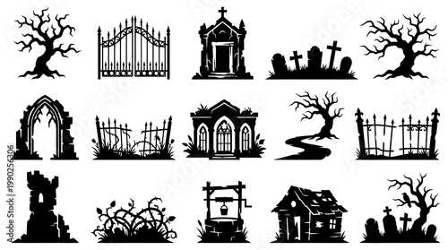 Halloween Spooky Graveyard Elements Black and White Silhouette Vector Set