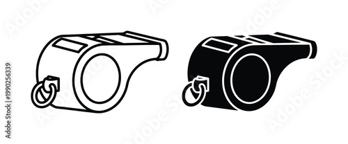 Minimalist sports whistle vector icons, black and white referee whistle set, athletic coach equipment symbols for competition and training