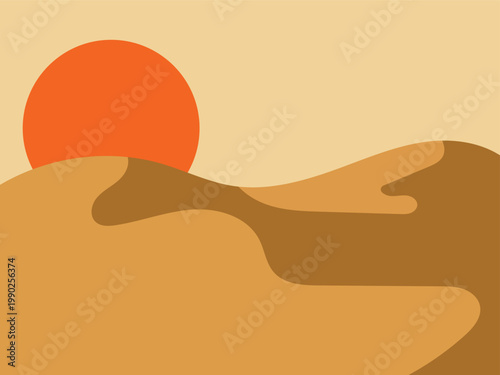 Minimalist desert landscape with sand dunes and rising sun animation. Cinematic sunset over sahara wilderness for nature and travel concept. flat vector illustration