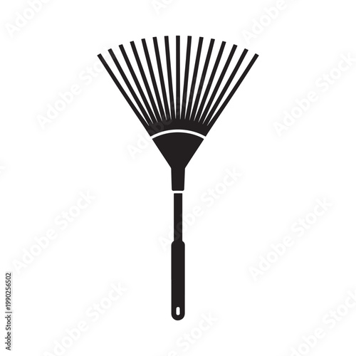 A simple black silhouette illustration of a garden leaf rake tool