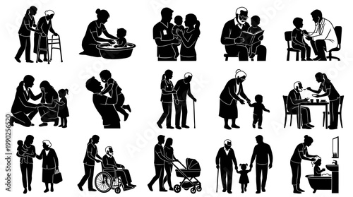 Black  White Silhouettes of Family and Caregiver Activities