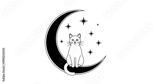 Delightful feline friend perched on a serene crescent moon, surrounded by twinkling stars, creating a whimsical and dreamy celestial animal illustration