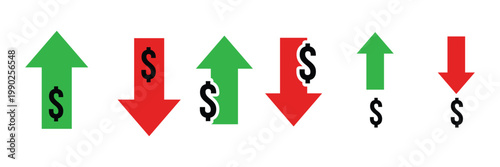 Financial growth and inflation arrow set with dollar symbol. stock market trend and currency value fluctuation graphics for economy. vector illustration