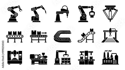 Industrial Automation, Robotics, Manufacturing  Factory Production Line Glyph Icons Set
