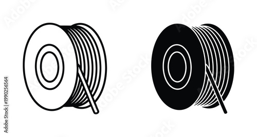 3D printing filament spool vector icons, black and white plastic coil rolls for additive manufacturing, industrial 3D printer material supply symbols
