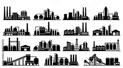Industrial Factory Silhouettes Vector - Manufacturing Plant Icons