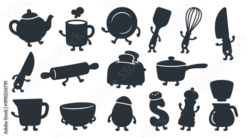 Cute Cartoon Kitchen Utensils and Appliances Silhouettes Vector Icon Set