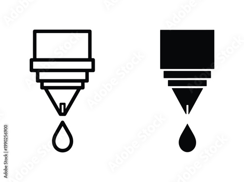 Industrial 3D printer nozzle icons, additive manufacturing extruder head with liquid droplet, black line and silhouette vector set for technology