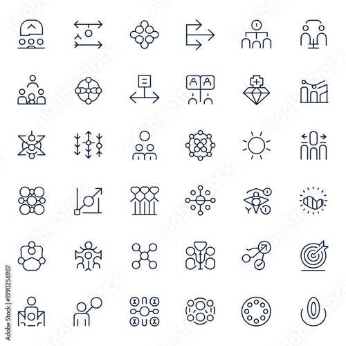 Collection of diverse icons depicting organizational, communication, and growth concepts