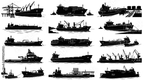 Maritime Shipping Vector Silhouettes: Cargo Ships, Tankers, Tugs, and Port Cranes Set