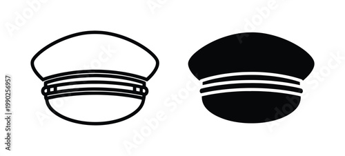 Minimalist captain hat vector icons, black and white pilot cap line art, nautical officer headwear symbols for maritime and aviation branding