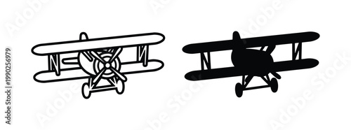 Vintage biplane vector icons, retro propeller airplane silhouettes, antique aircraft line art set, classic aviation flight symbols for logo design