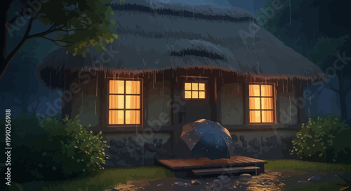 Rainy cottage scene with illuminated windows and a sheltering umbrella