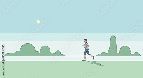 Runner exercising outdoors on sunny day with green landscape illustration