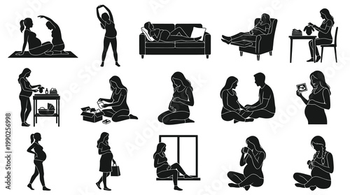 Black  White Silhouettes of Pregnant Women in Various Poses: Maternity  Lifestyle