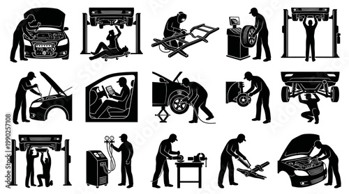 Automotive Car Repair Service Mechanic Black  White Silhouette Glyph Icons Set