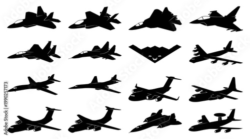 Black  White Silhouette Vector Icons of Various Military Aircraft