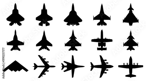 Aviation Military  Commercial Aircraft Silhouettes Icons Set - Fighter Jets  Transport Planes