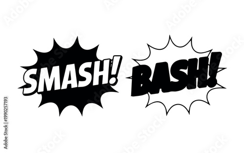 Two impactful comic book-style speech bubbles feature bold text, "SMASH!" in a solid black design and "BASH!" in an outlined version, conveying strong action and sound effects.
