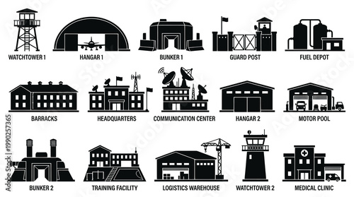 Military Base Buildings Glyph Icons Set. Army Facilities, Structures  Command Center Silhouettes.