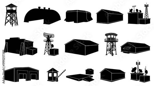 Military Base Buildings and Structures Vector Silhouette Icons Set