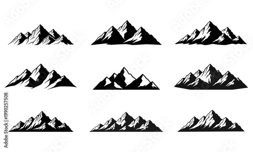 Nine distinct black and white mountain peak designs are arranged in three rows on a plain white background, each featuring sharp, angular forms.