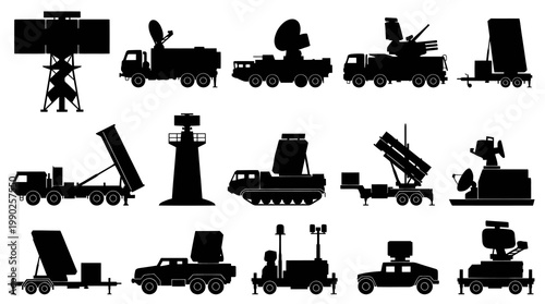 Military Radar Systems and Missile Launchers Silhouettes Set