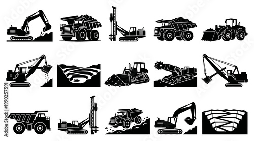 Mining Heavy Equipment Vehicles Icons Set - Industrial Construction Machinery Silhouettes