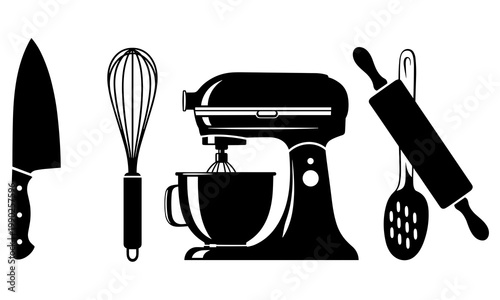 Kitchen utensils and appliances are displayed as black silhouettes on a white background, including a knife, whisk, stand mixer, rolling pin, and slotted spoon.